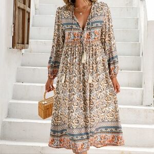 R. VIVIMOS 2XL Peasant Bohemian Gypsy Long Sleeve Tassel V Neck Midi Dress 14 16